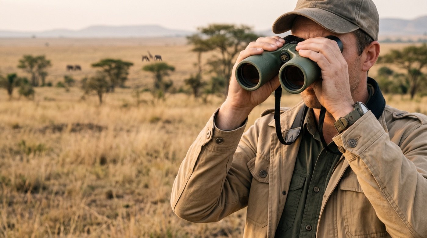 An explorer in a khaki shirt scanning the savanna through Tembo Optics binoculars