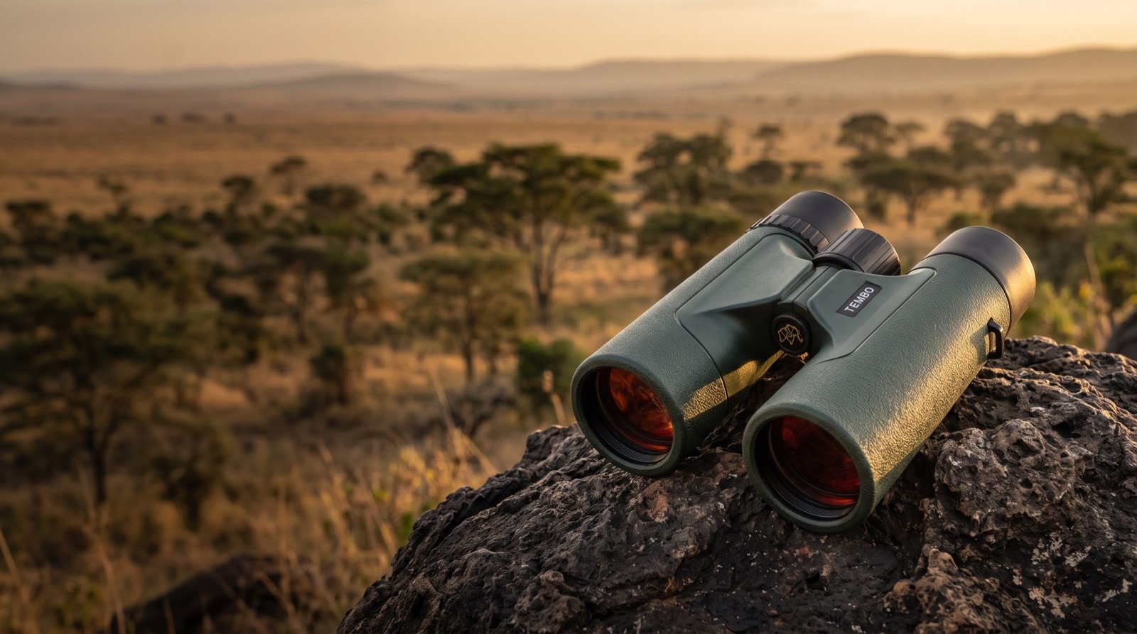 Tembo Optics binoculars resting on a rock above the East African savanna at golden hour